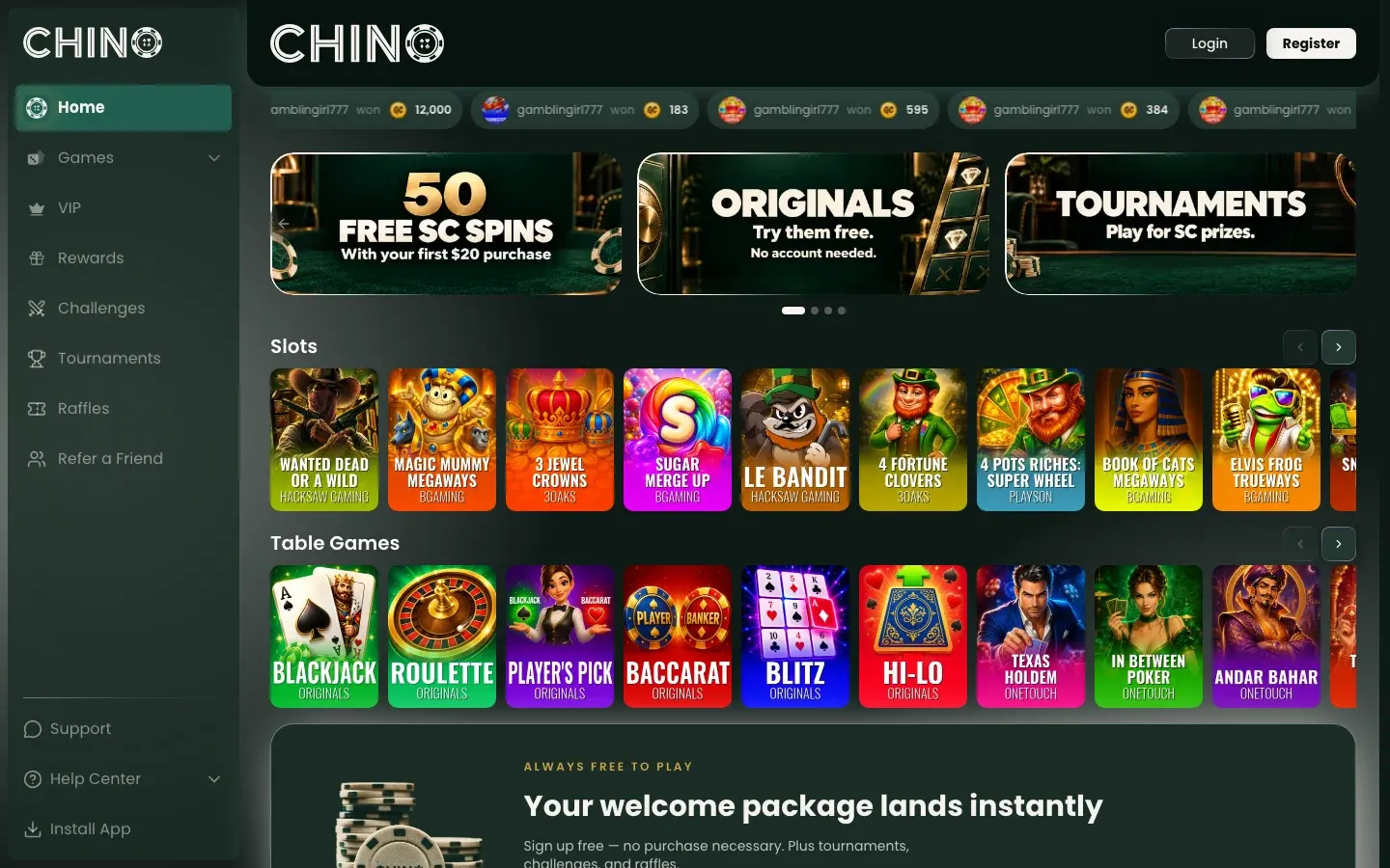 Screenshot of the Chino website