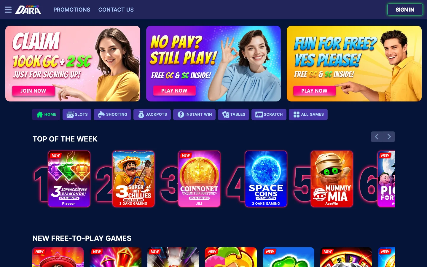 Screenshot of the Dara Casino website